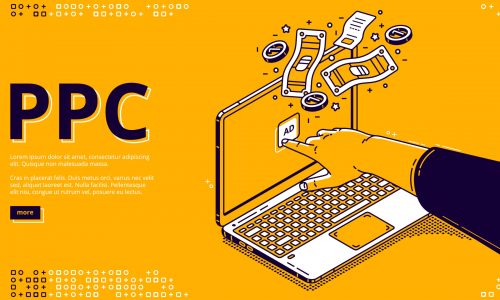 PPC banner. Vector landing page of pay per click system with isometric hand clicks to ad on laptop screen and money. Online promotion, internet advertising with driving traffic to website